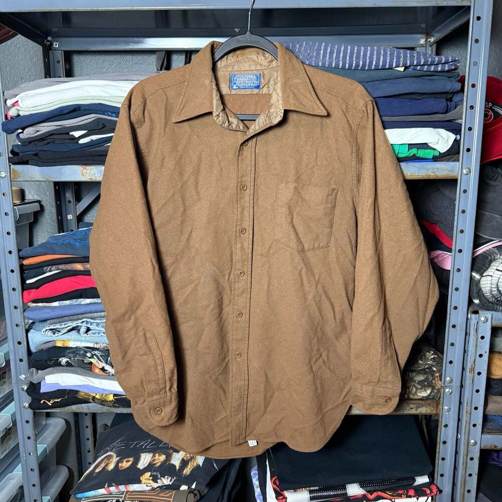 Vintage Pendleton Camel Wool Flannel Button Down Shirt Size L Made in USA